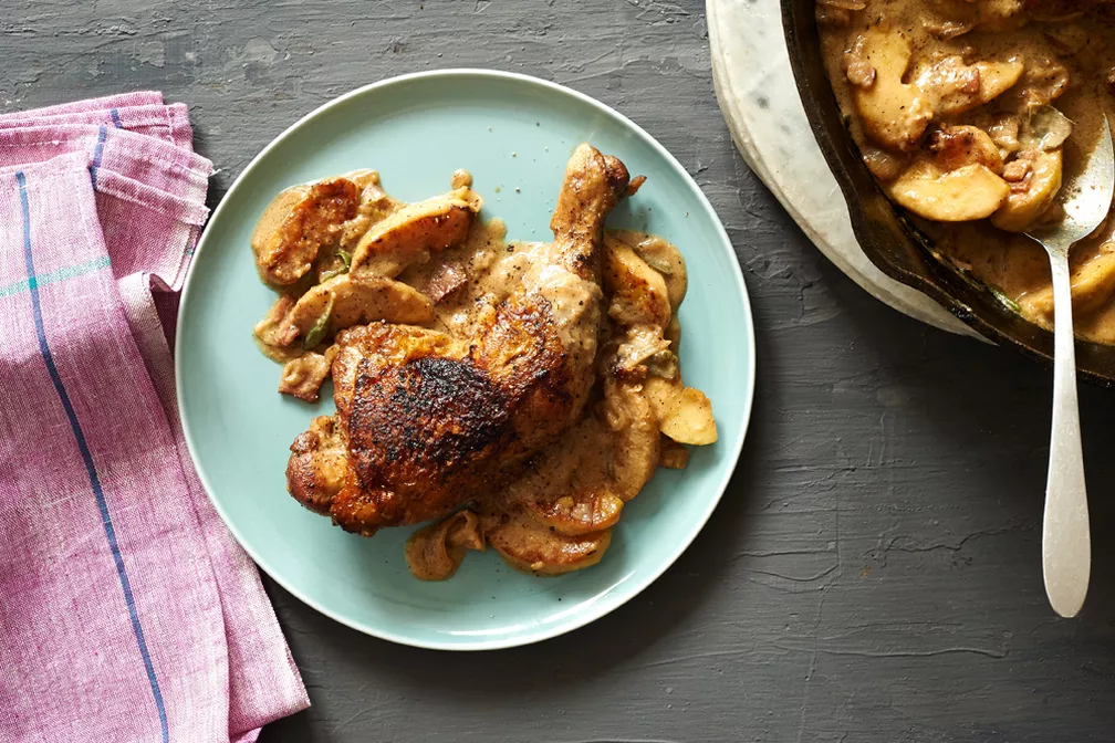 Creamy Cider-Dijon Chicken Legs with Bacon and Apples